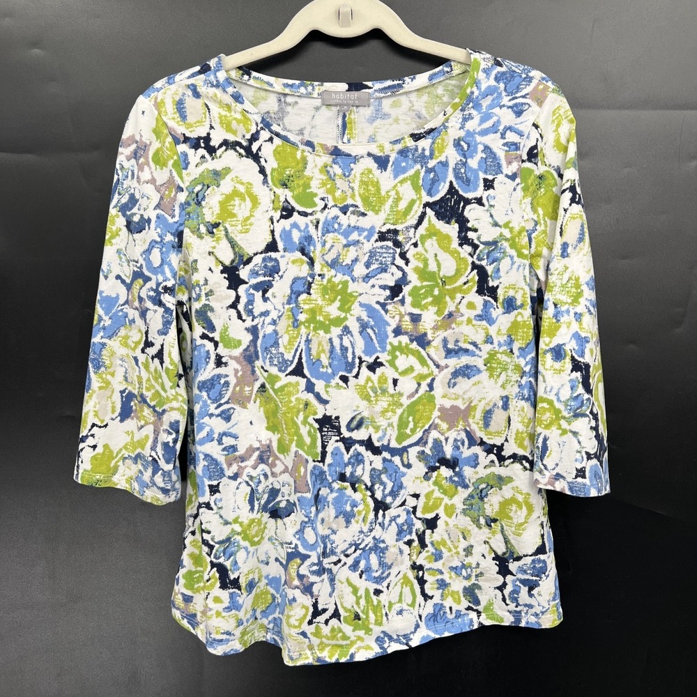 Habitat abstract floral cotton 3/4 sleeve top lagenlook boho green blue M